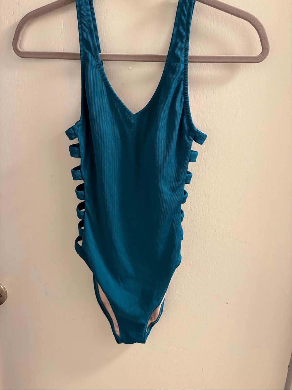 Shade & Shore Teal Cutout One-Piece minimalist v neck Swimsuit size M